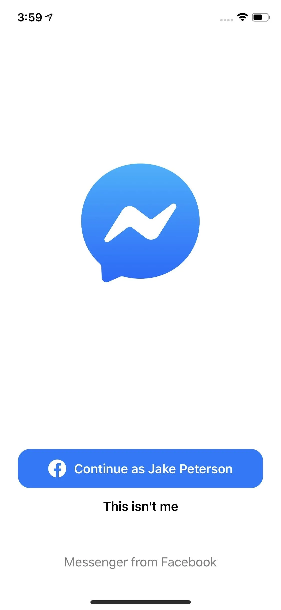 Messenger app login screen with blue logo.