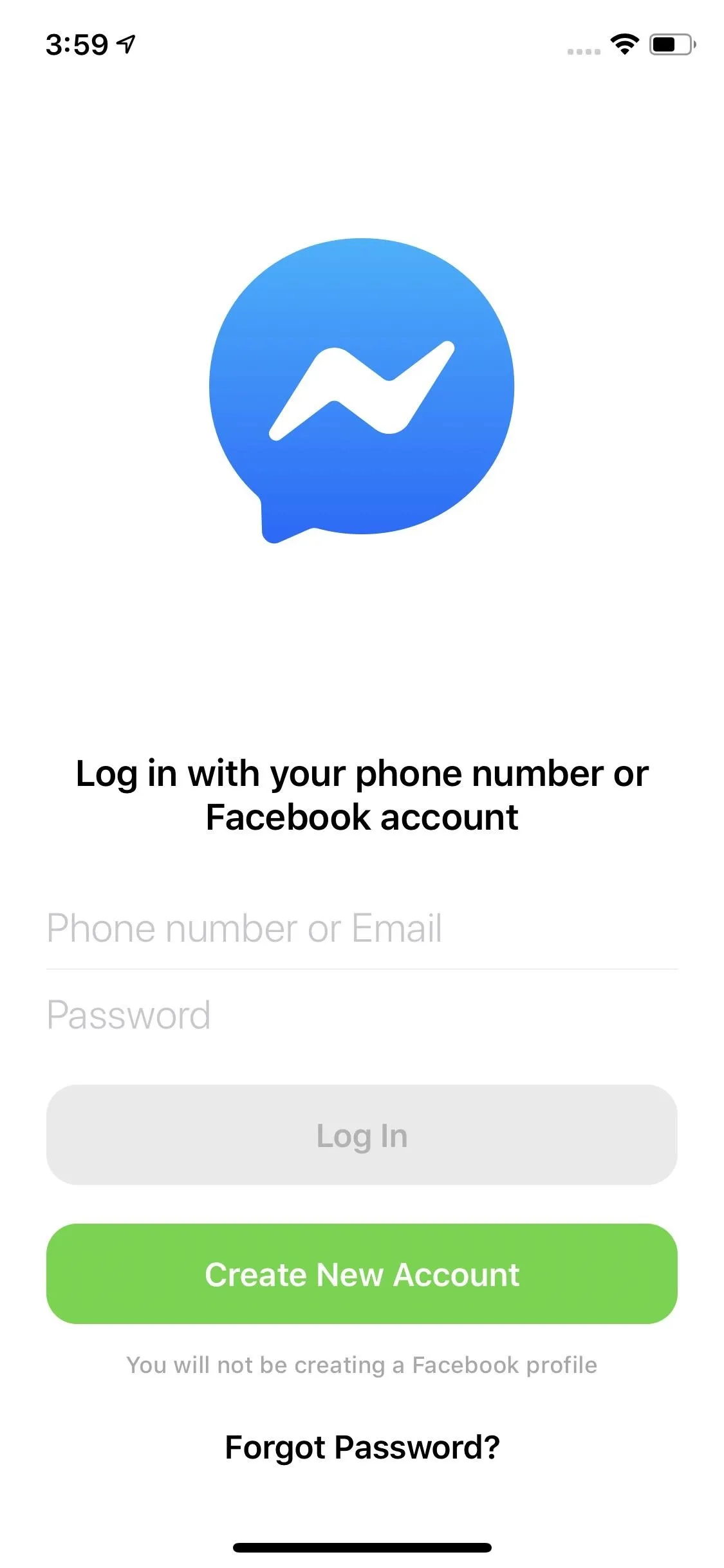 Login screen for Facebook Messenger app prompting for phone number and password.