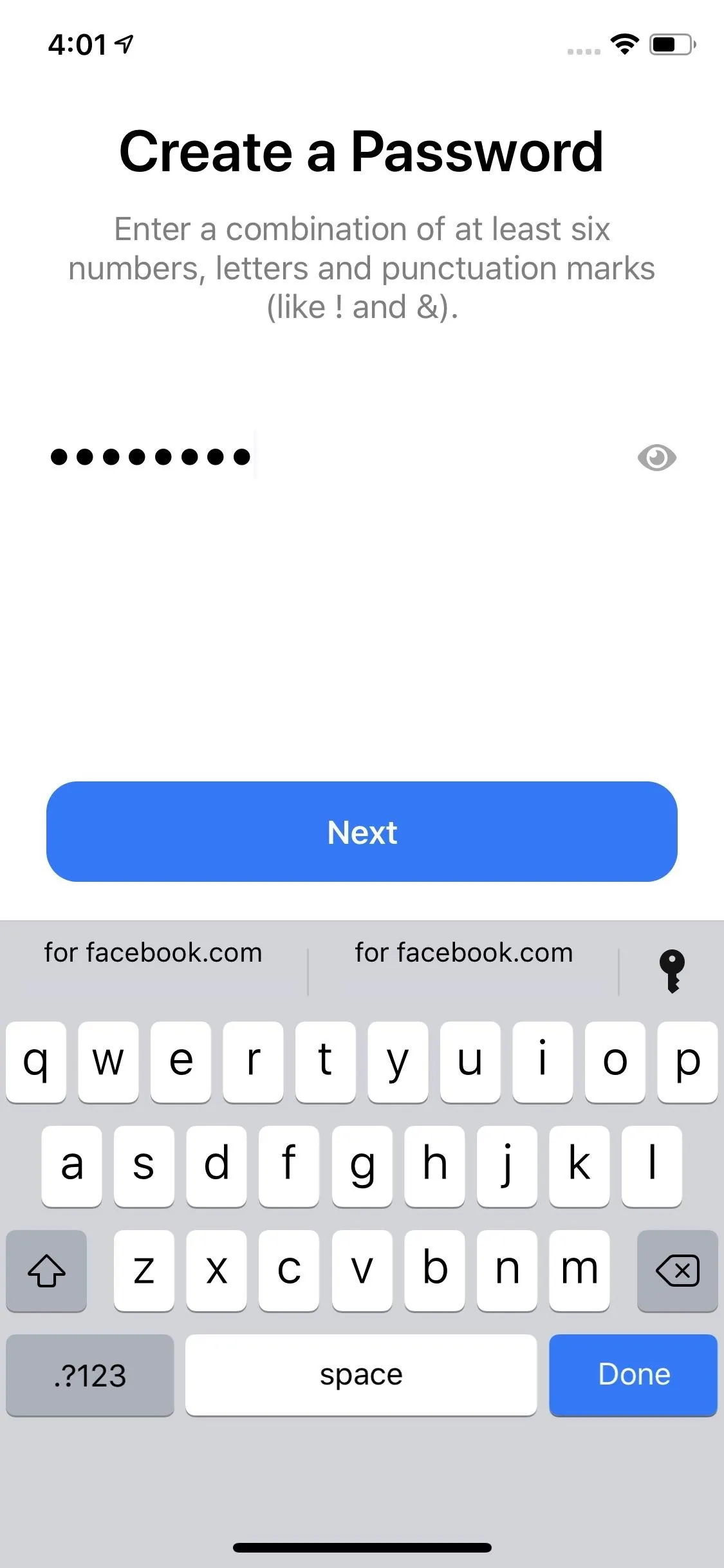 Create a password input screen on a mobile device.