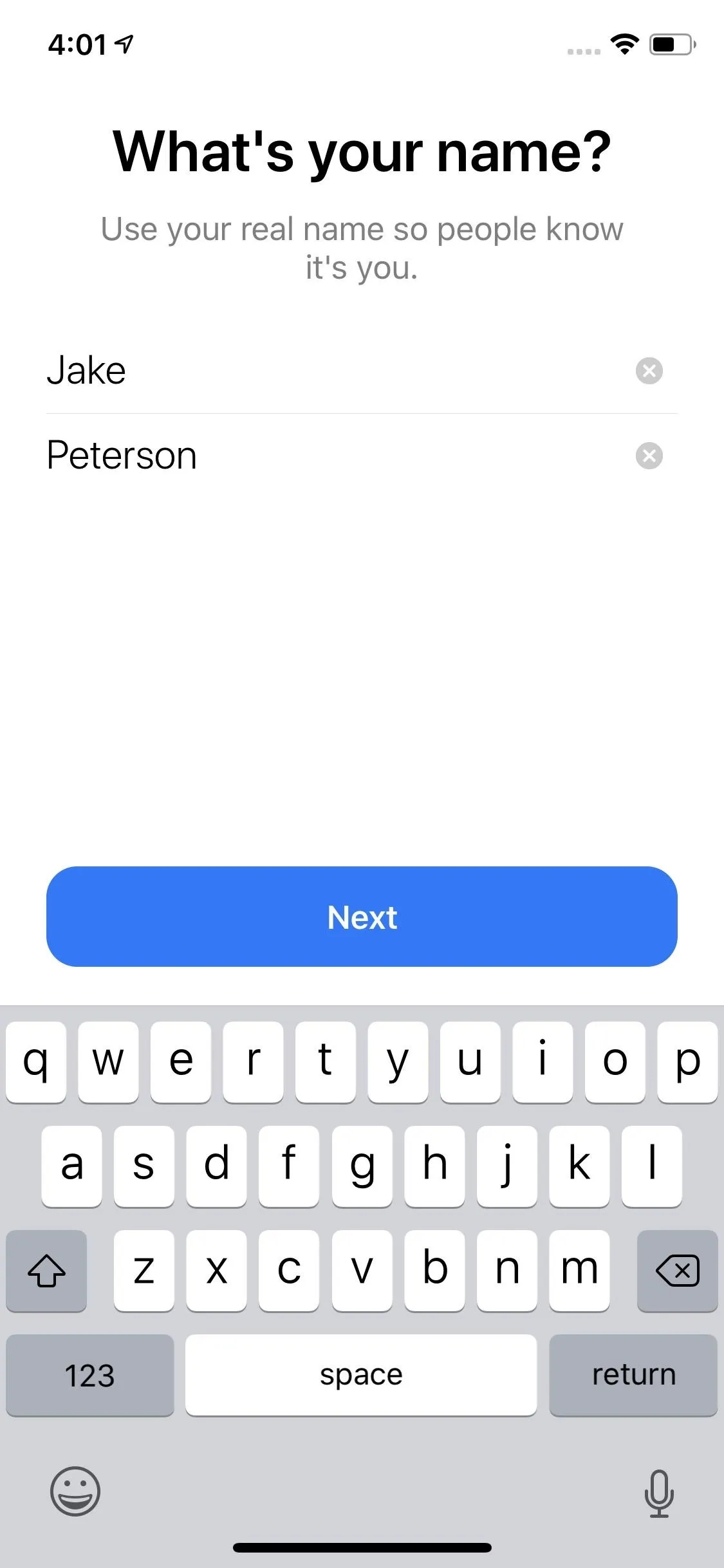 Screenshot of a mobile app interface asking for the user's name, with input fields for "Jake" and "Peterson".