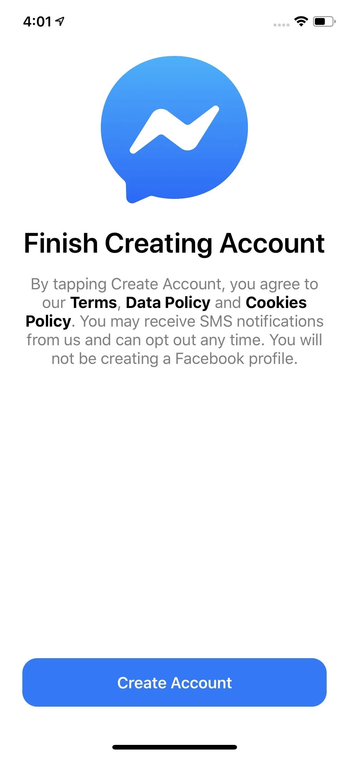 Finish Account Creation for Messenger App