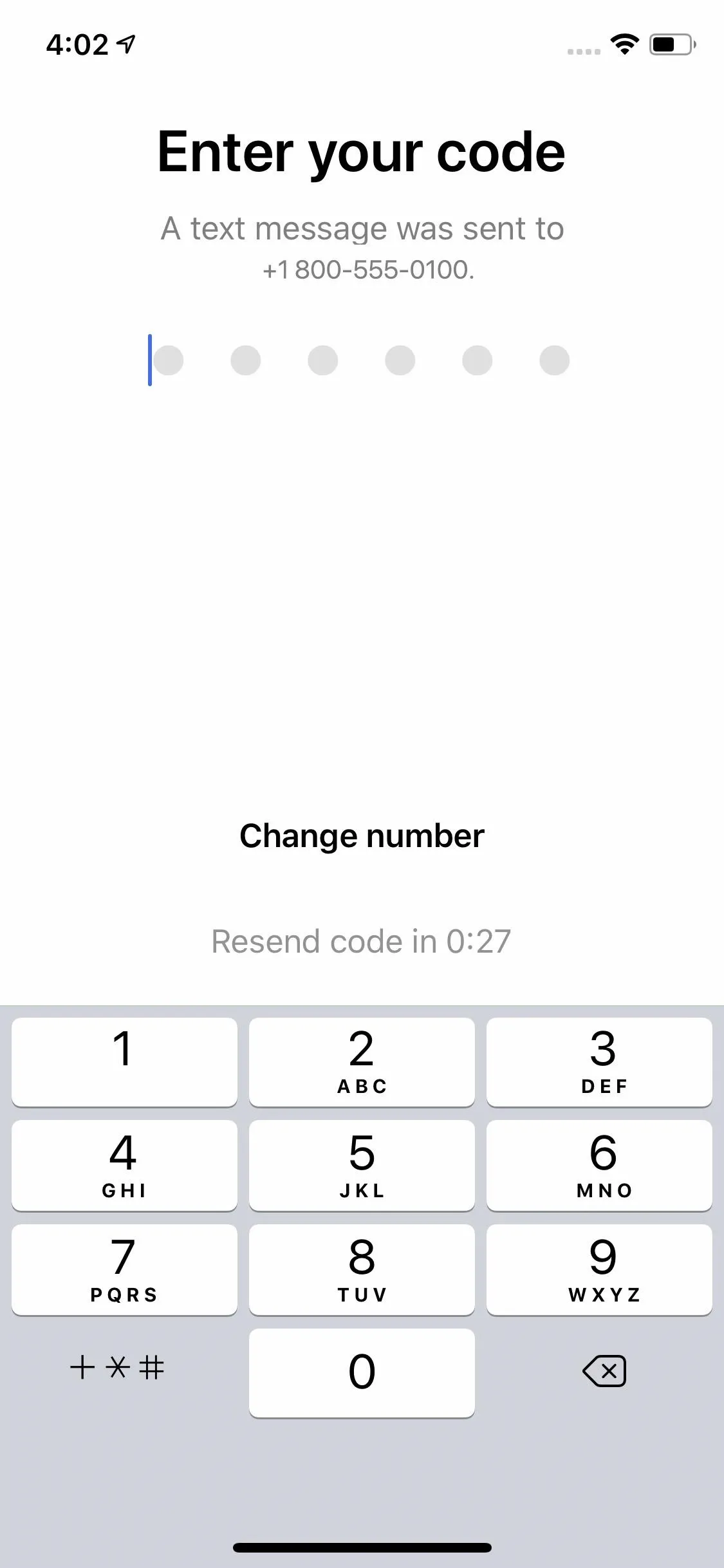 Enter your verification code screen with keypad.