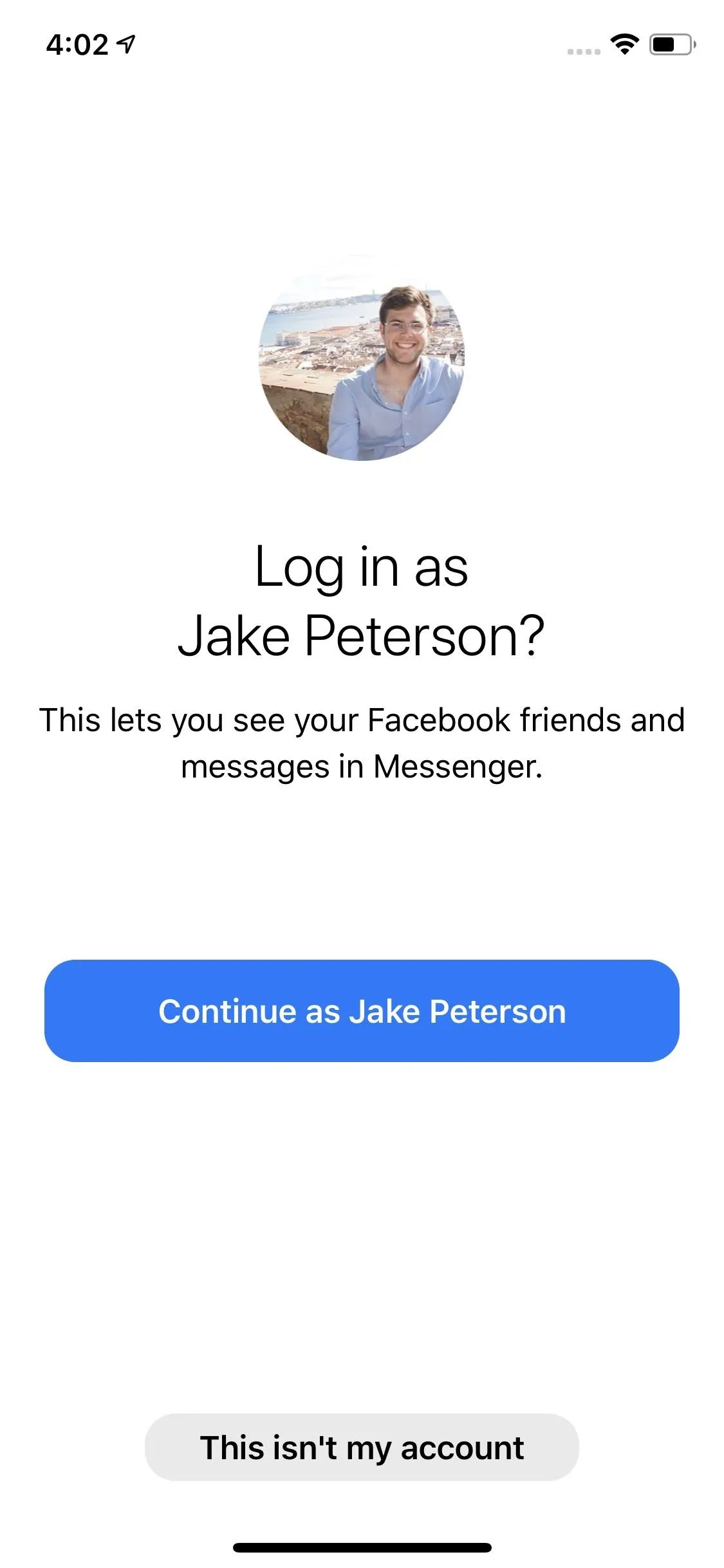 Login screen for Facebook Messenger featuring a user's name.