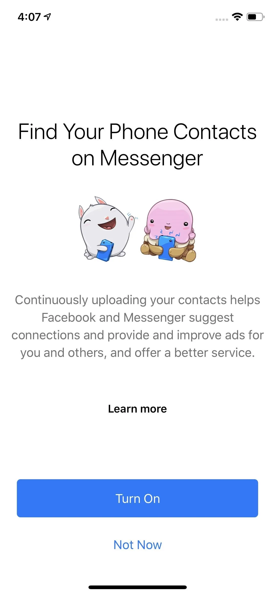 Find your phone contacts on Messenger with options to continue or learn more.