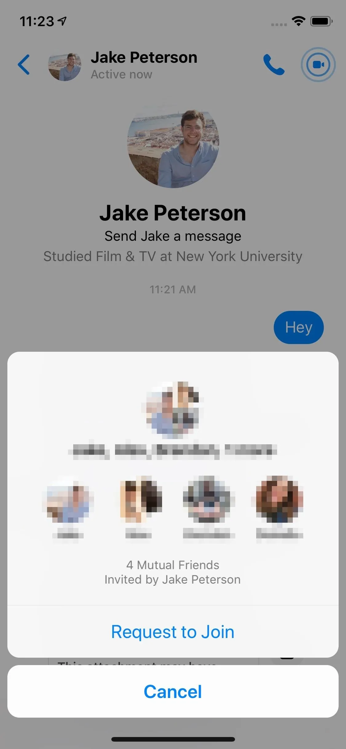 Profile screen of a contact in a messaging app with options to join a group.