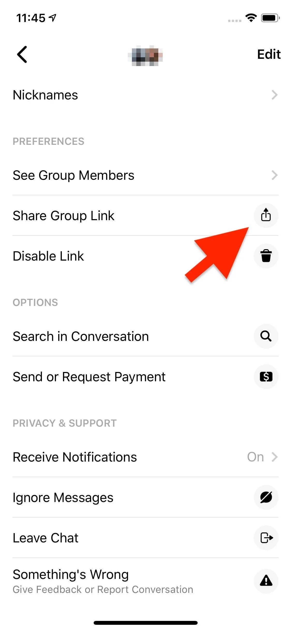 Settings menu with highlighted option for sharing a link.