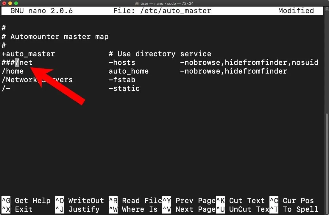 Terminal interface displaying an Automounter master map with file paths.