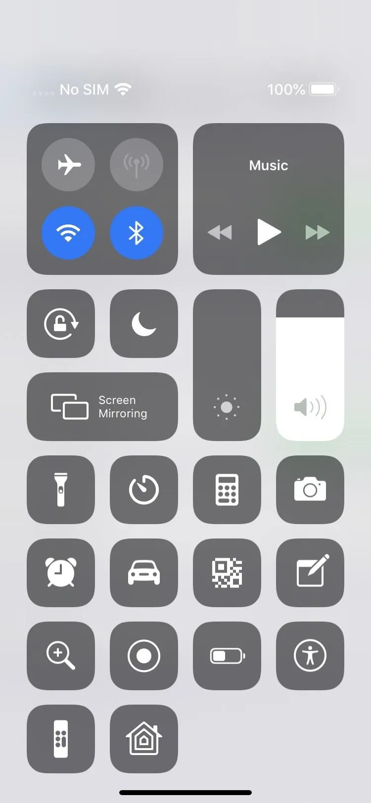 Control Center interface on a smartphone displaying various settings icons.