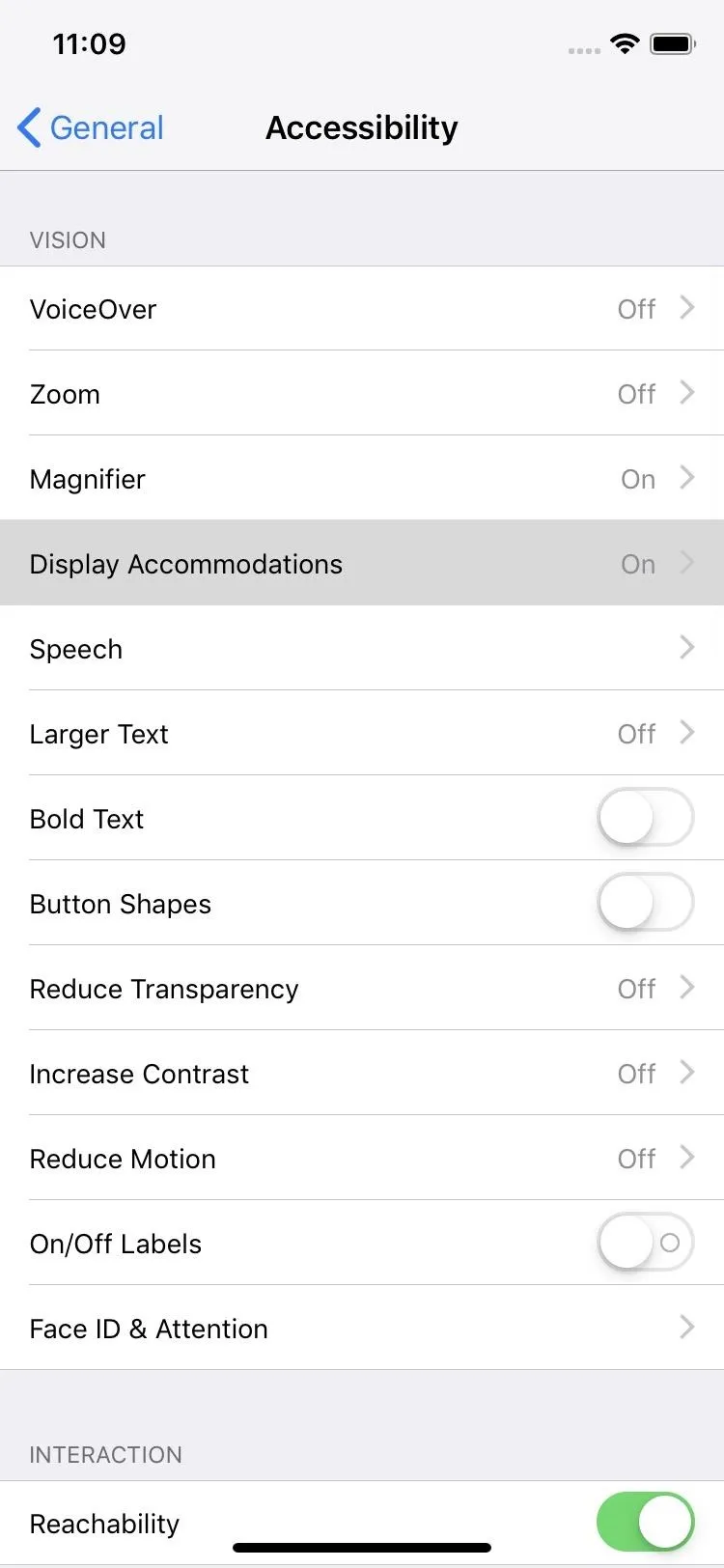 Accessibility settings on a smartphone.