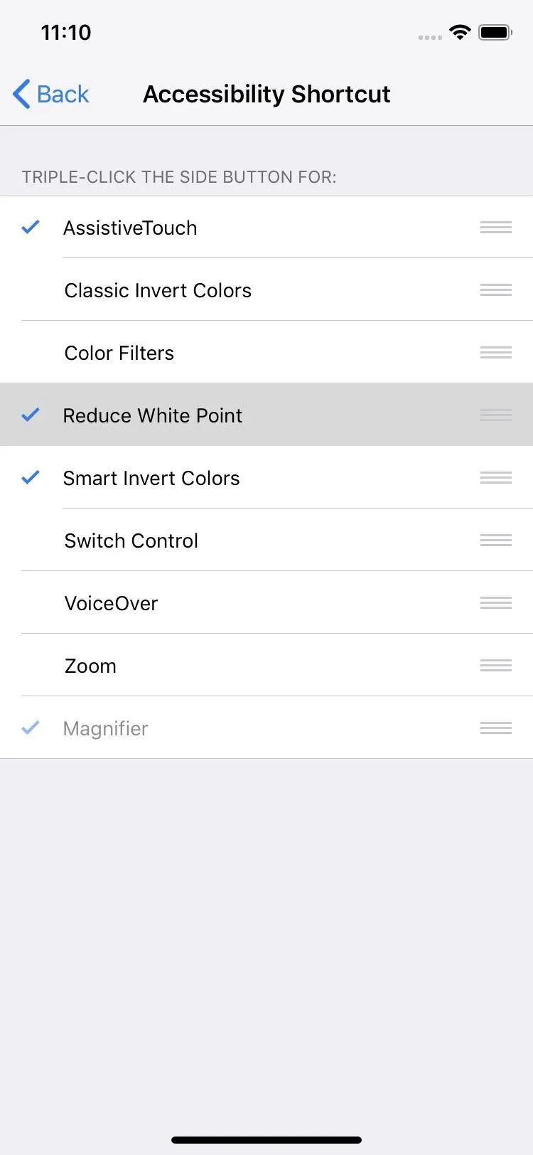 Accessibility settings menu on a mobile device.