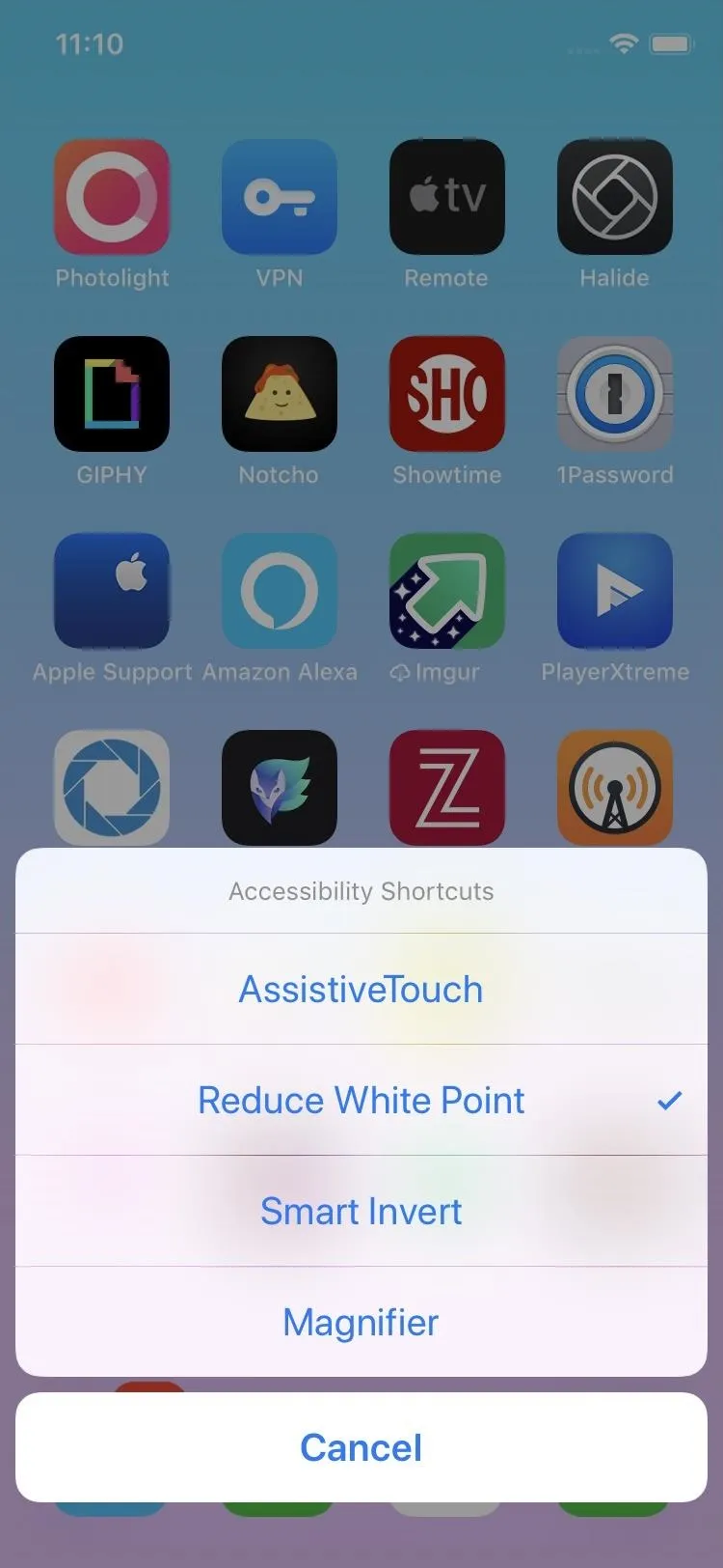 Mobile device screen displaying various app icons and a dropdown menu with options for adjusting settings.