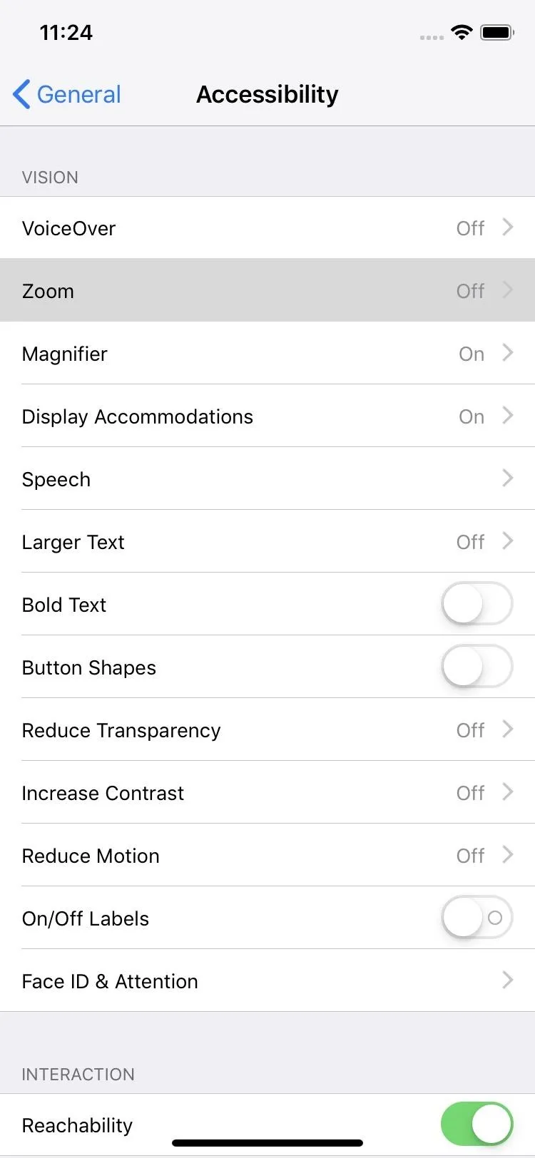 Accessibility settings menu on a smartphone.