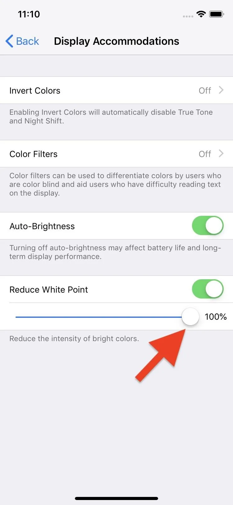 Screenshot of display settings on a mobile device, highlighting the "Reduce White Point" option.