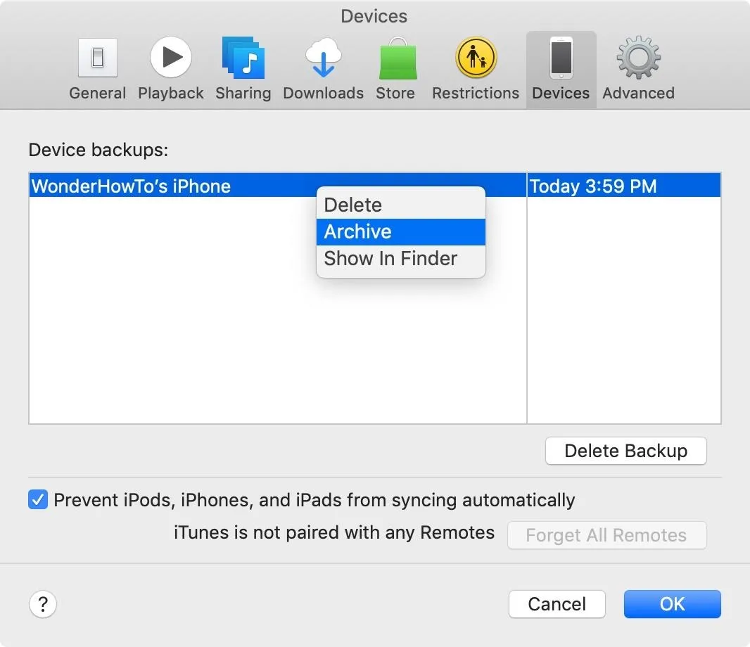 Backup management interface showing device options in iTunes.