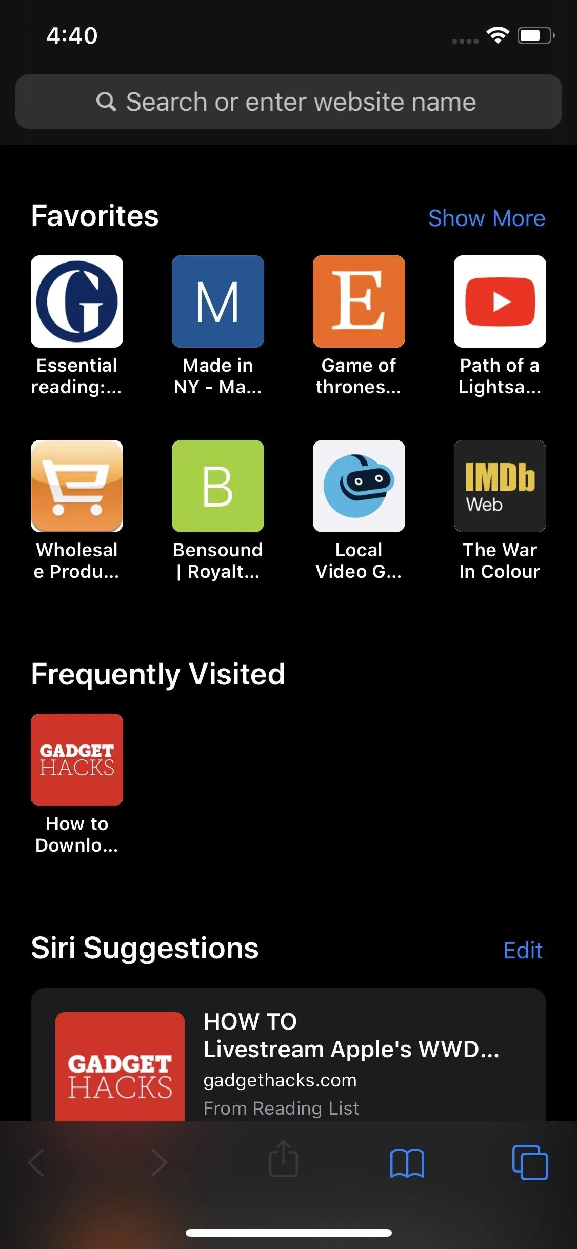 App screen showcasing favorite and frequently visited websites with various icons.