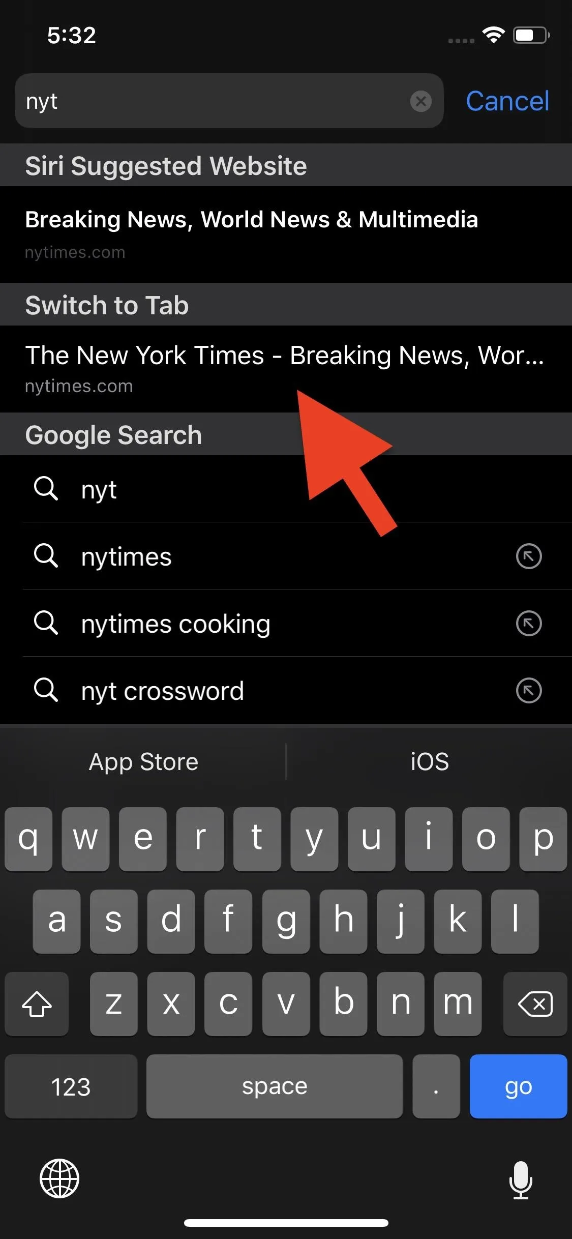 Search results showing "The New York Times - Breaking News, Arts, and Multimedia" with highlighted arrow.