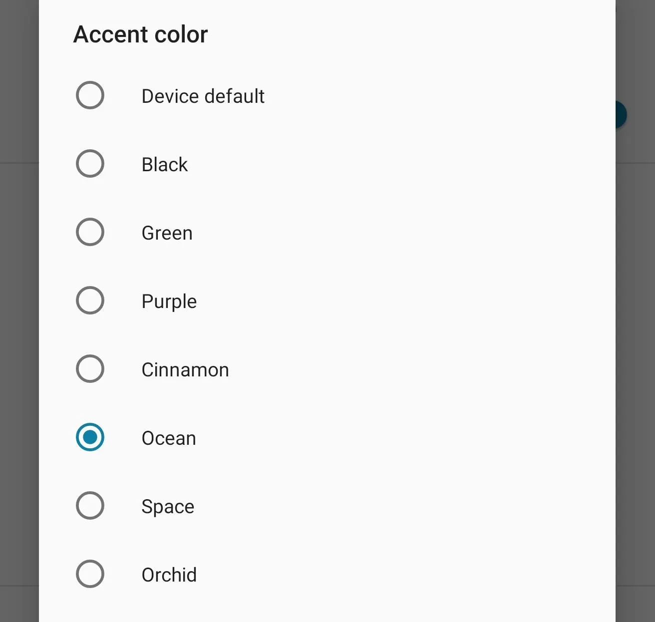 Accent color selection options including Device default, Black, Green, Purple, Convergence, Ocean, Space, and Orchid.