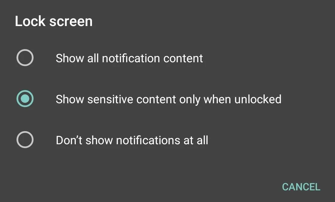 Lock screen settings options for notification visibility.