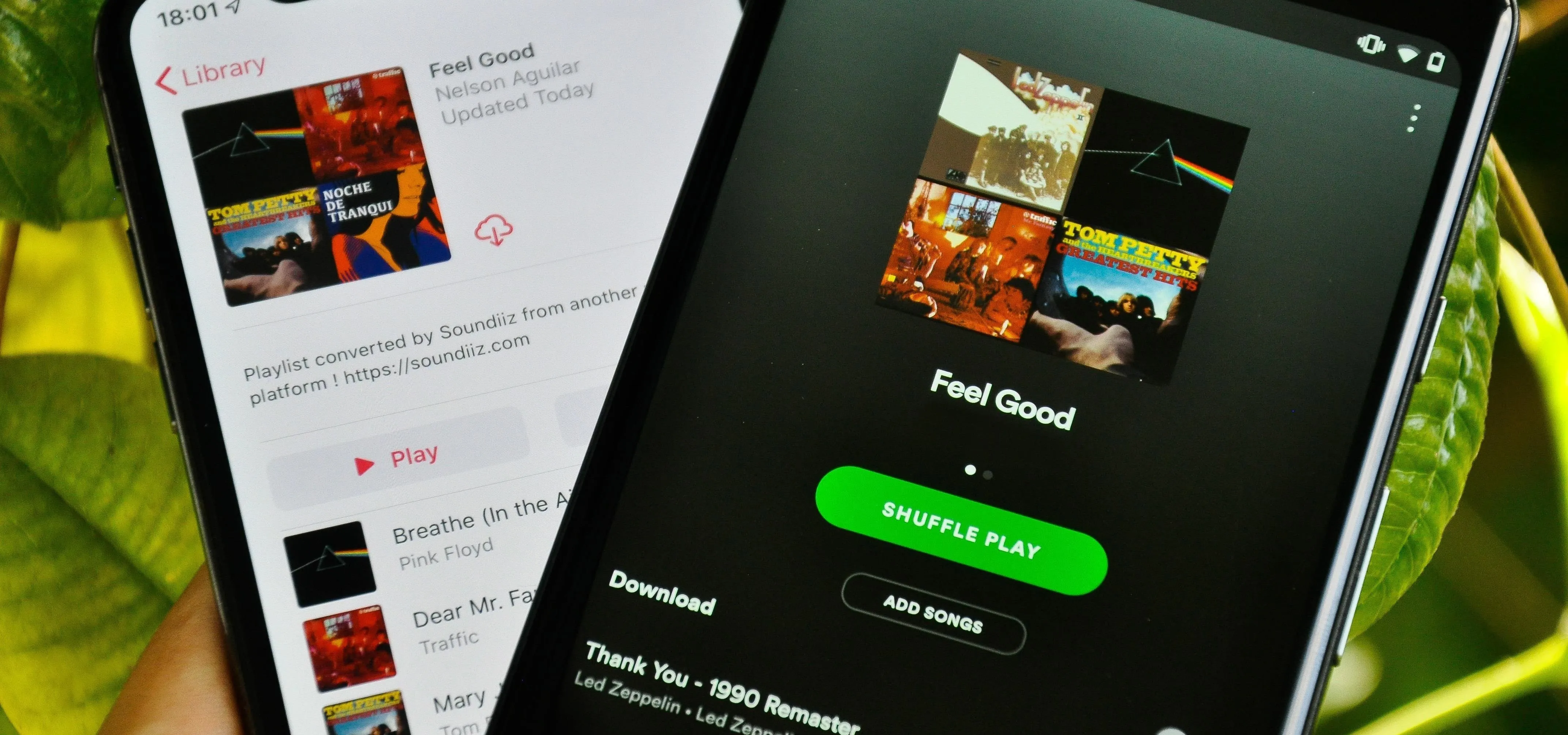 Spotify app display featuring the "Feel Good" playlist on a smartphone.