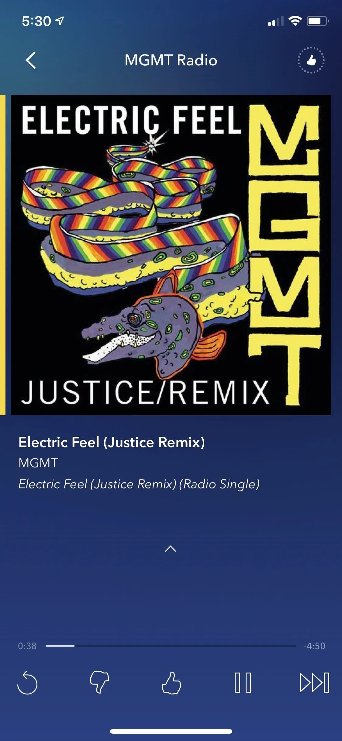 Electric Feel (Justice Remix) by MGMT album cover featuring abstract design.