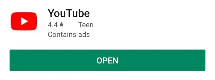 YouTube app download screen with rating and 'Open' button.