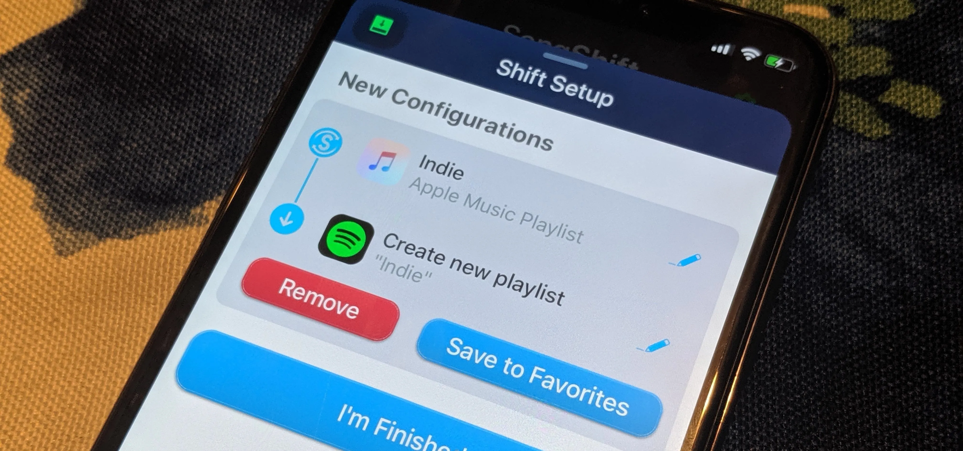 Swift setup screen showing options to create a new playlist and manage favorite configurations.