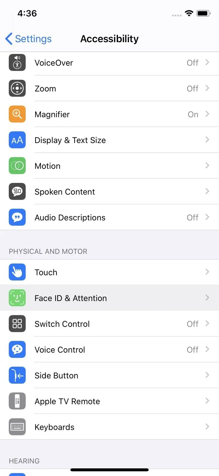 Accessibility settings menu on a mobile device.