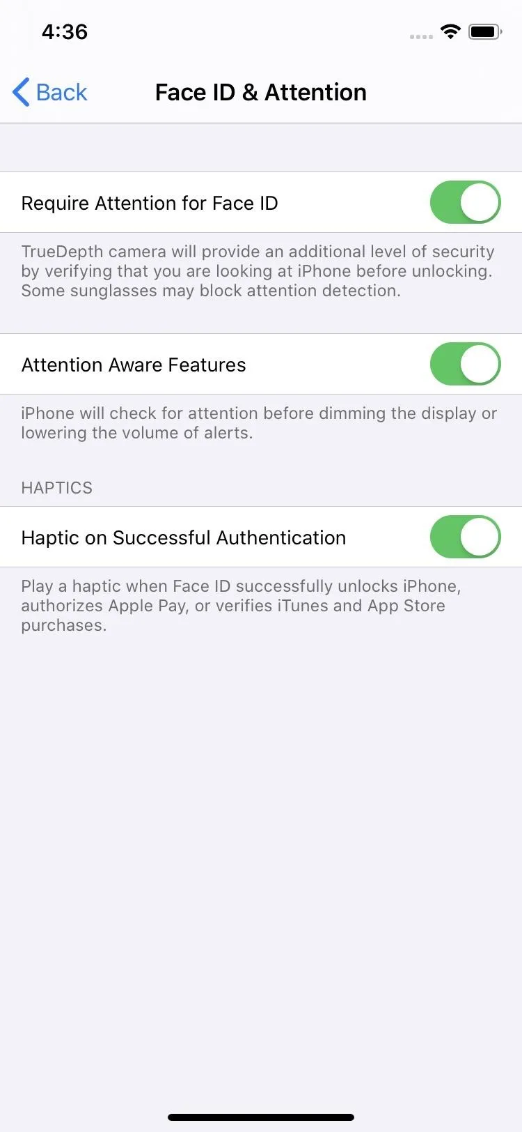 Face ID settings screen with options for attention detection and secure authentication.