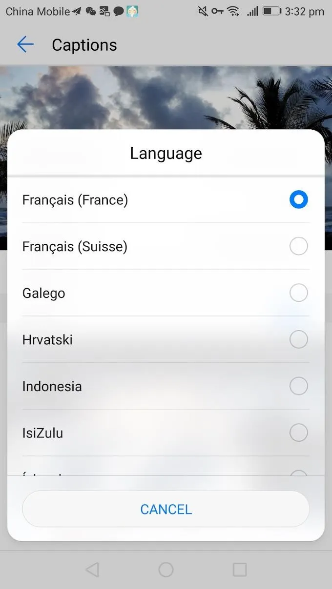 Language selection menu on a mobile device.