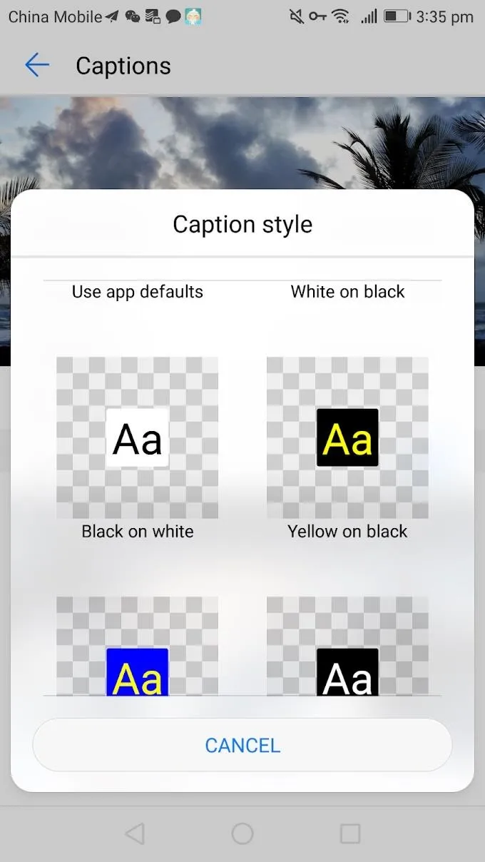 Text style options for captions on a mobile app.