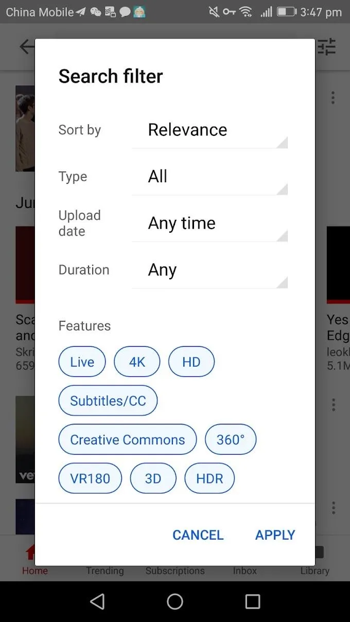 Search filter options including relevance, type, upload time, duration, and features such as 4K, HD, and subtitles.