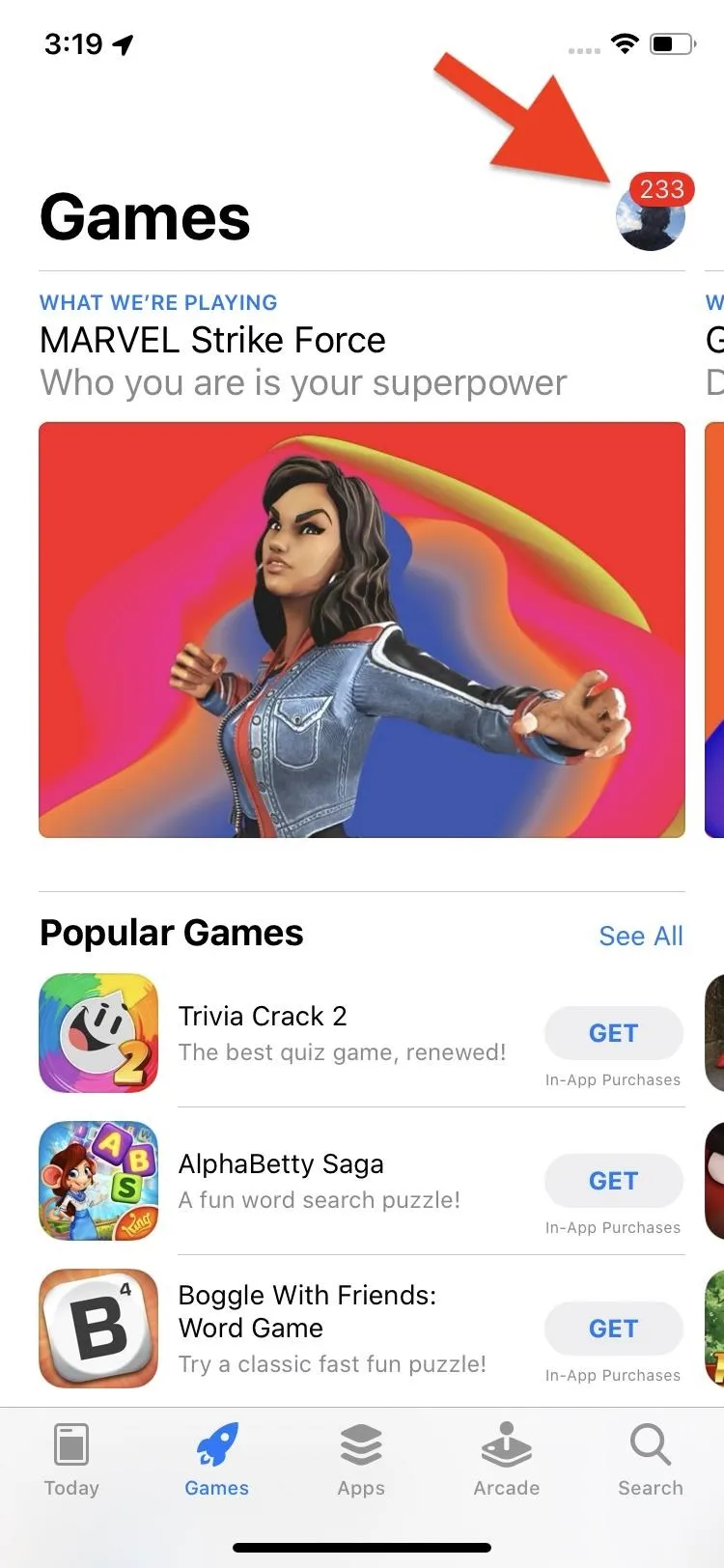 Screenshot of a mobile app games section showcasing popular games with a highlighted user icon.