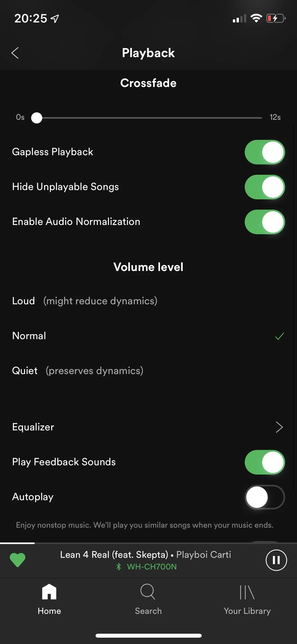 Playback settings on a music streaming app.