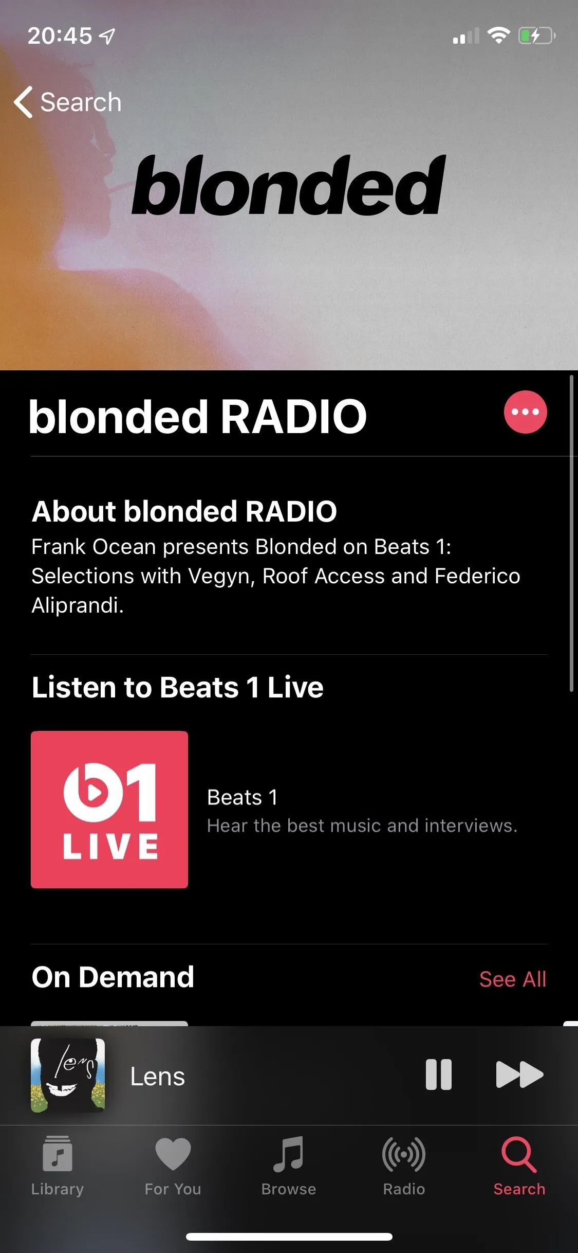 Blonded Radio interface showing live streaming details and options.