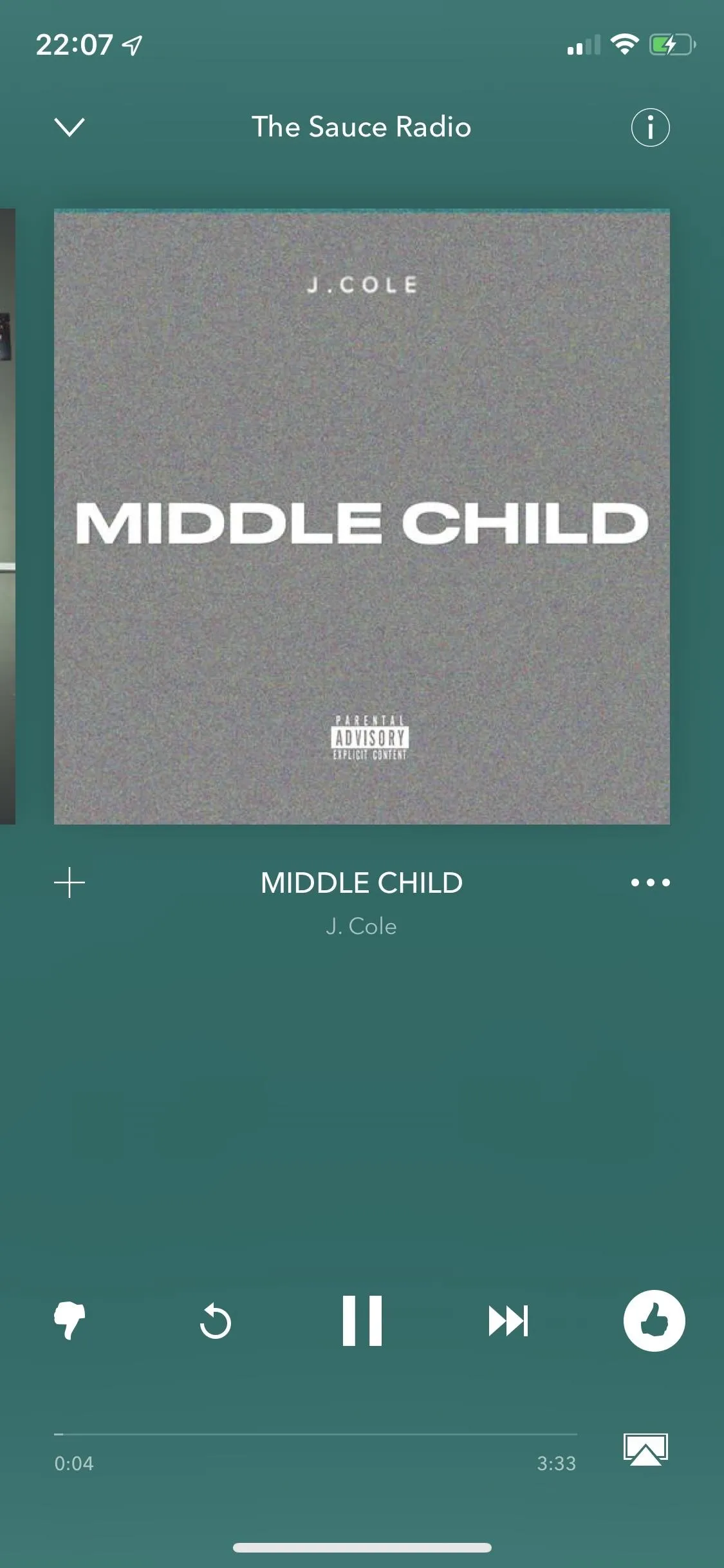 Album cover for "Middle Child" by J. Cole on a music streaming app.