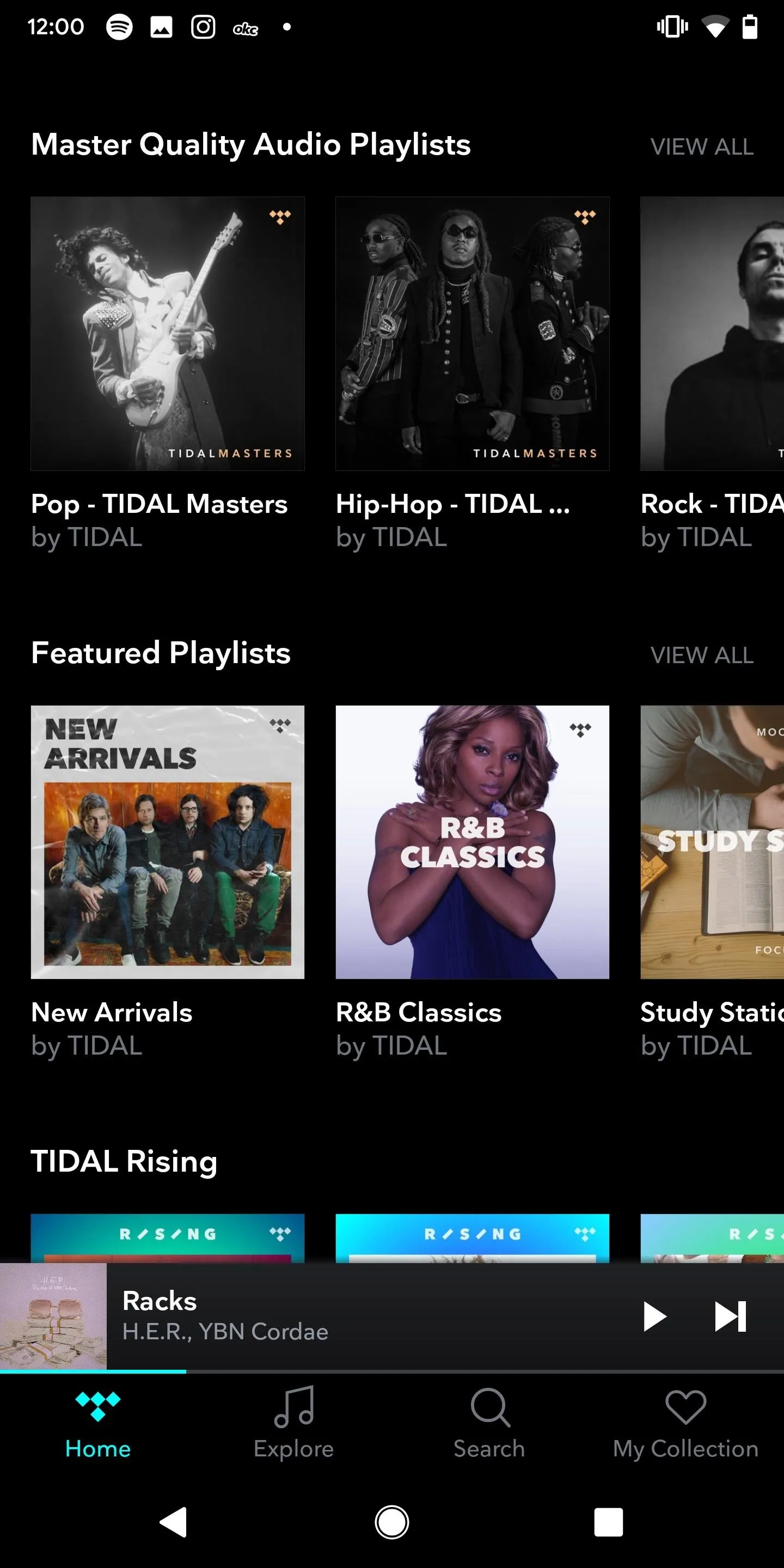 Music streaming app interface displaying playlists and audio player.