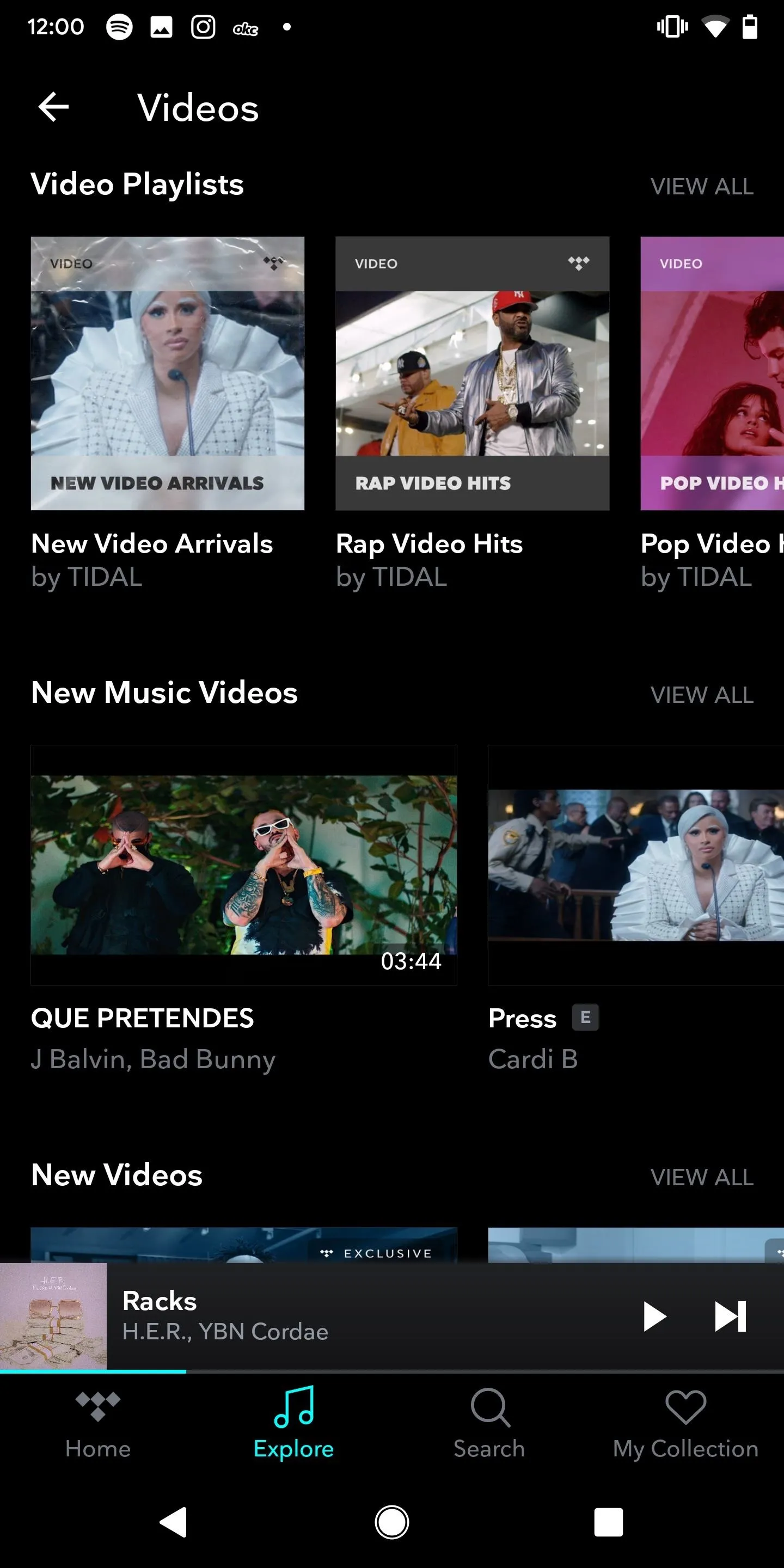 Music streaming app playlist view with various video thumbnails.