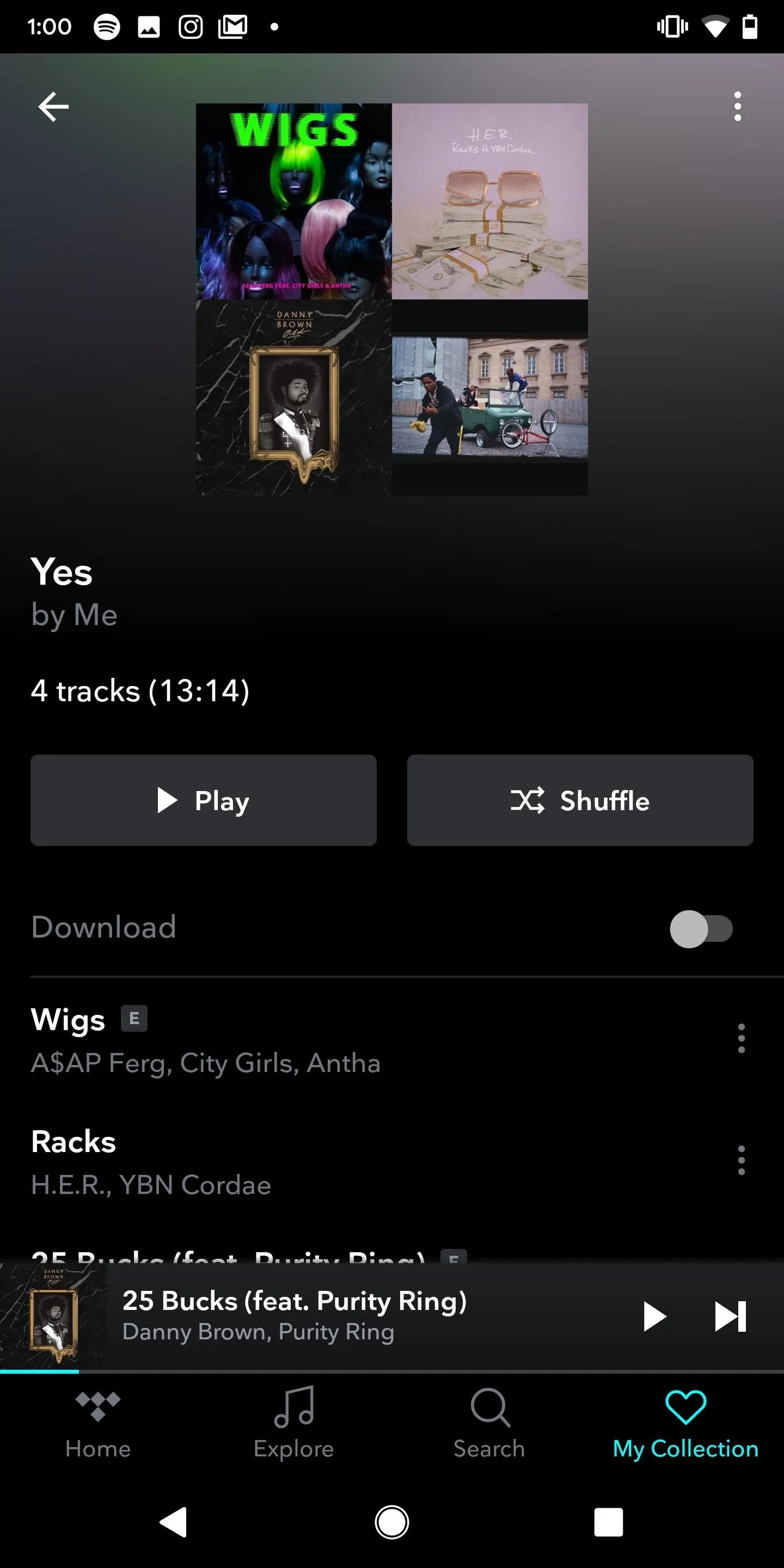 Music streaming app interface displaying album covers and track options.