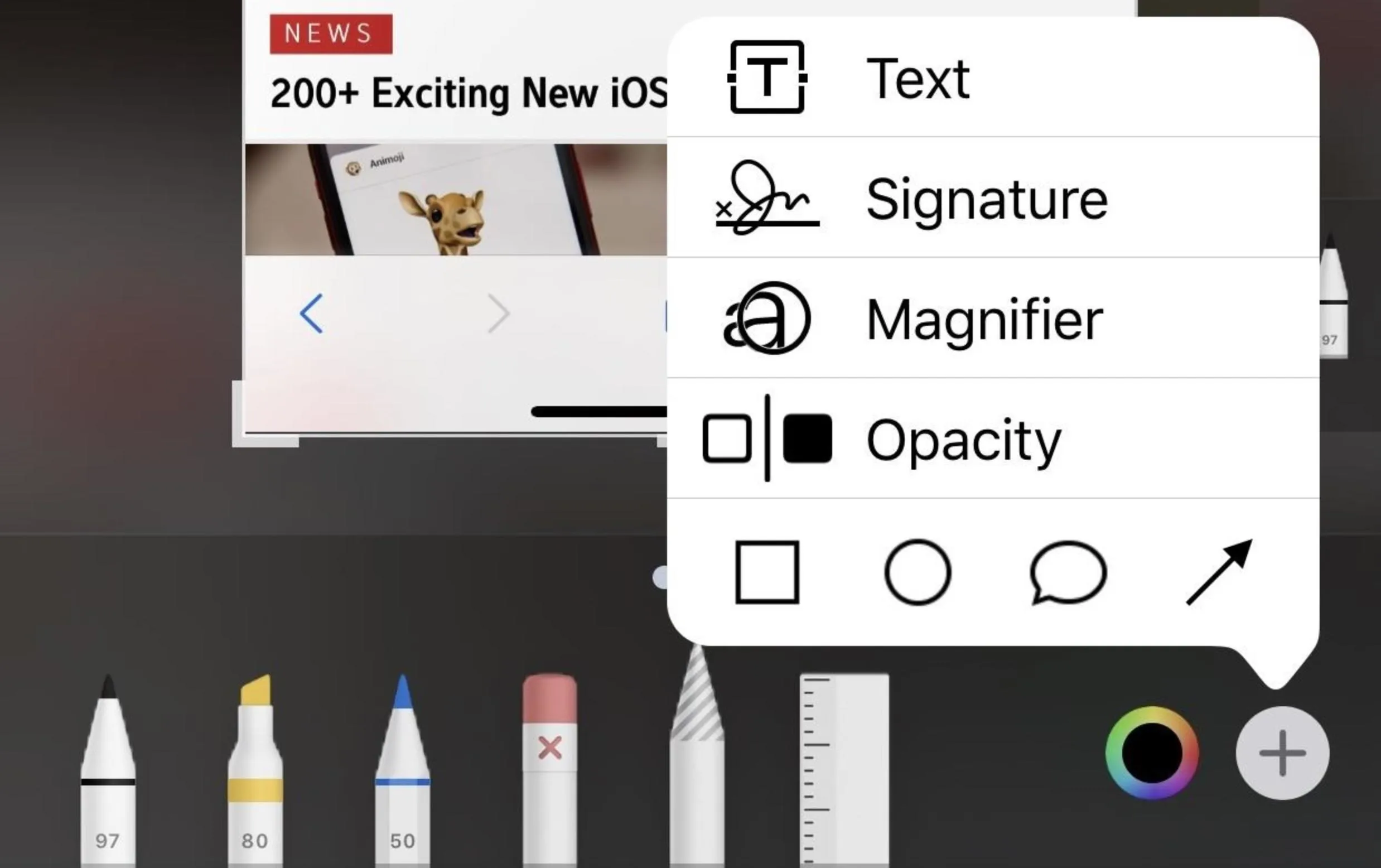 Icon options for a drawing or note-taking application, including text, signature, magnifier, opacity, and color selection tools.