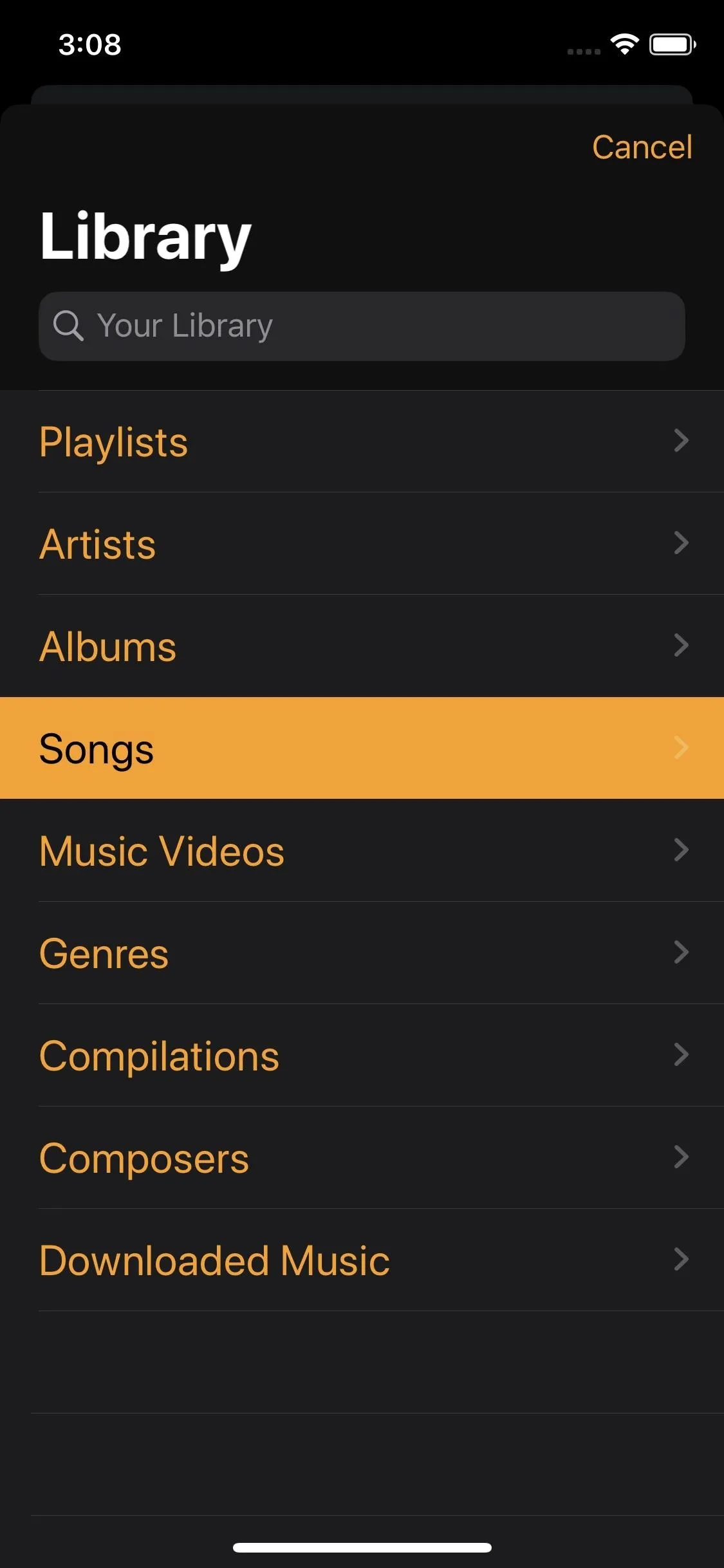 Library menu with categories: Playlists, Artists, Songs, Albums, Genres, Composers, Downloaded Music.