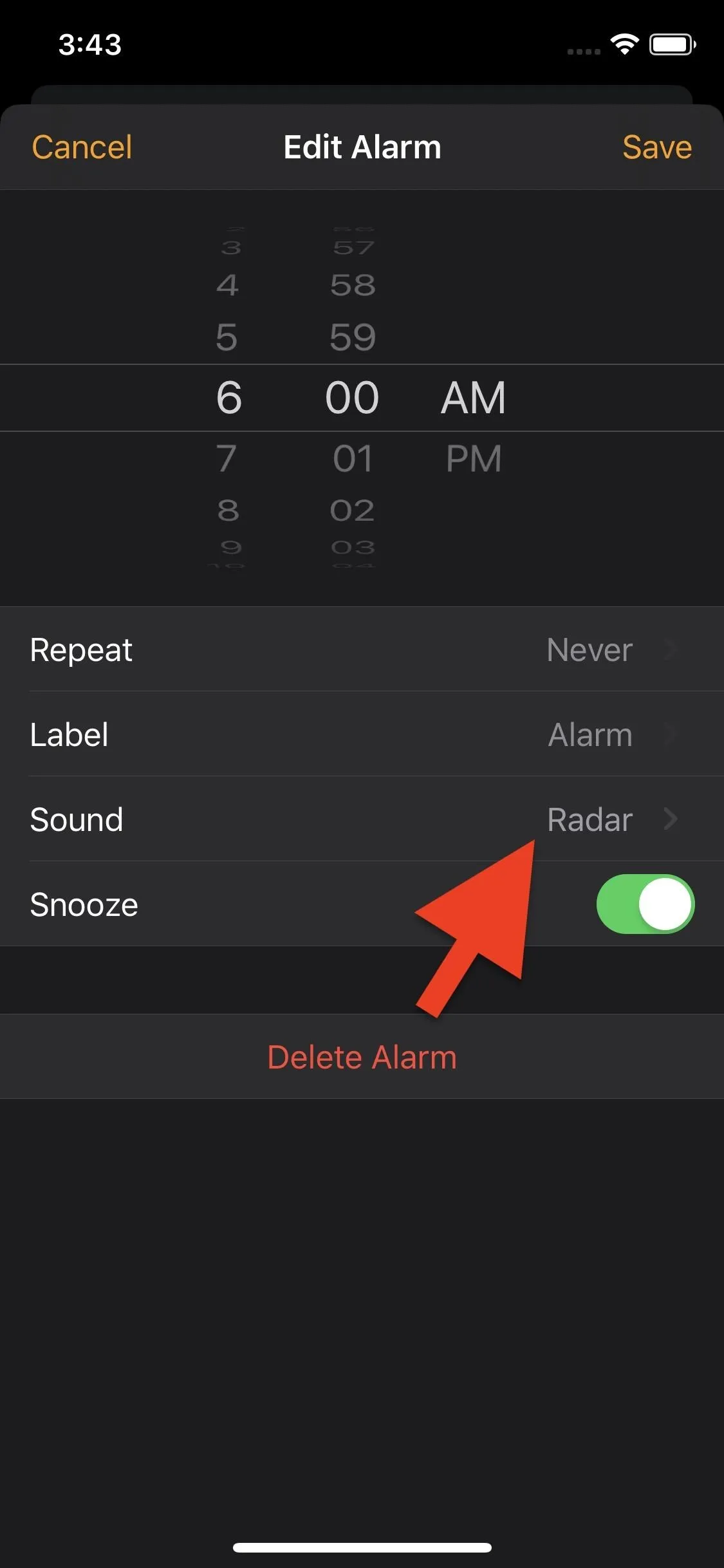 Editing an alarm on a smartphone with options for label and source.