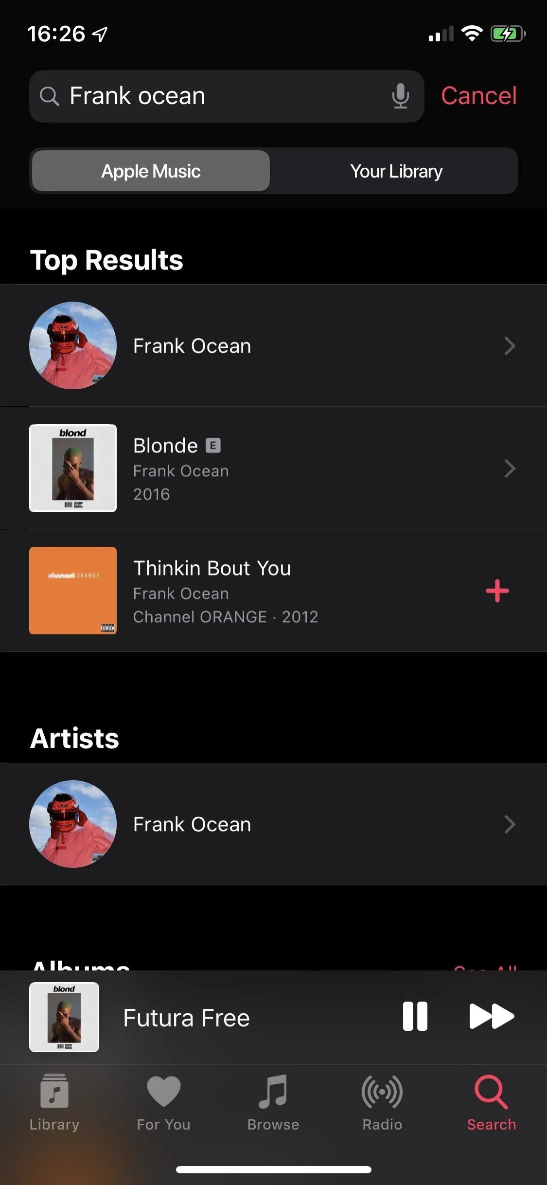 Screenshot of a music streaming app displaying results for "Frank Ocean" including songs and albums.