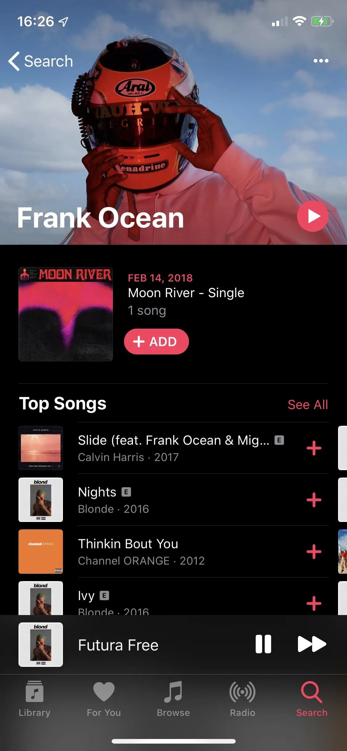 Frank Ocean music profile with song list and album cover.