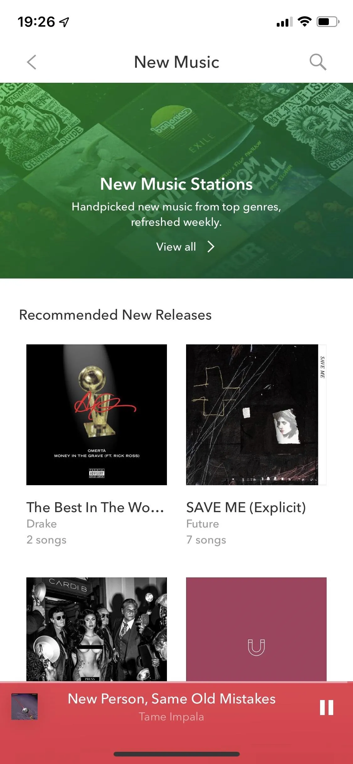 Music streaming app interface displaying new releases and recommended albums.