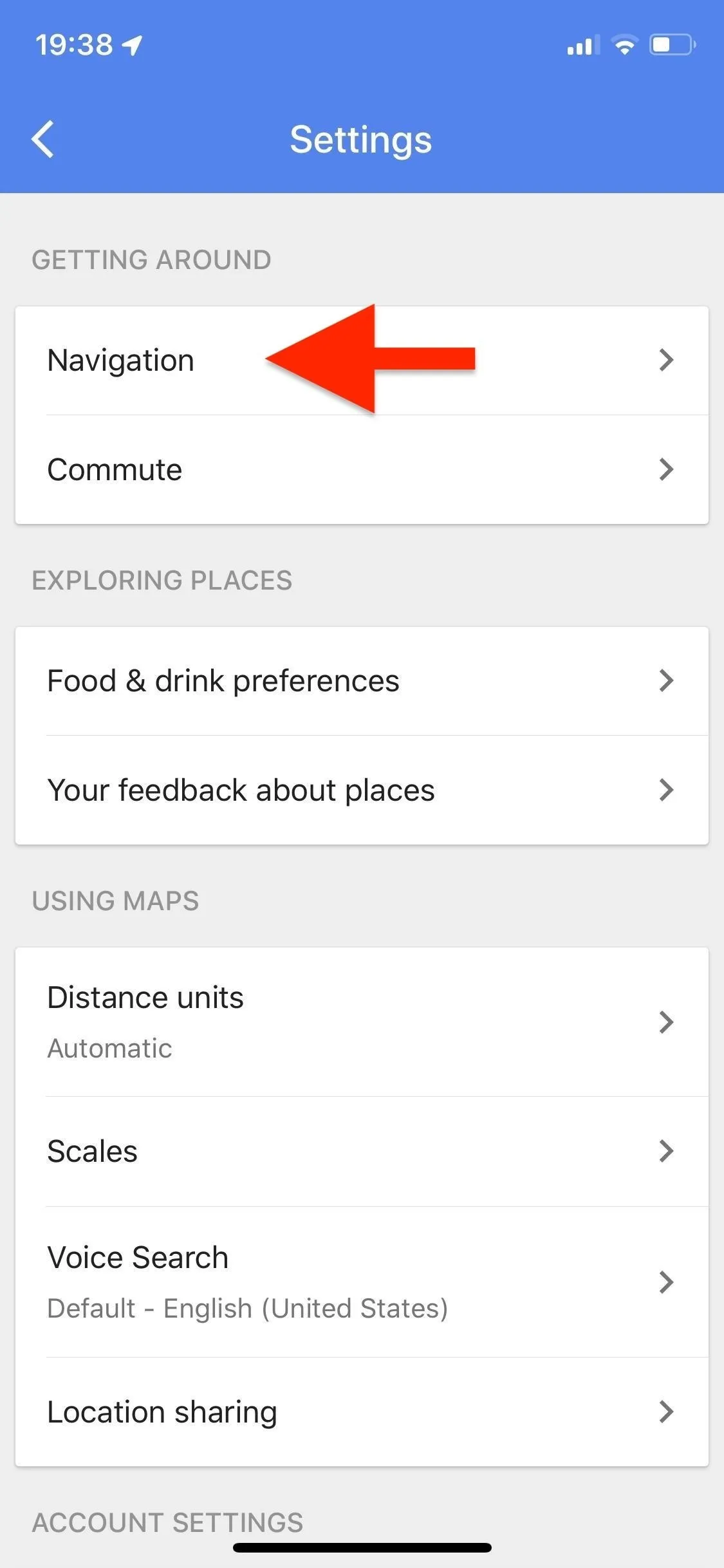 Settings menu with "Navigation" highlighted in red.