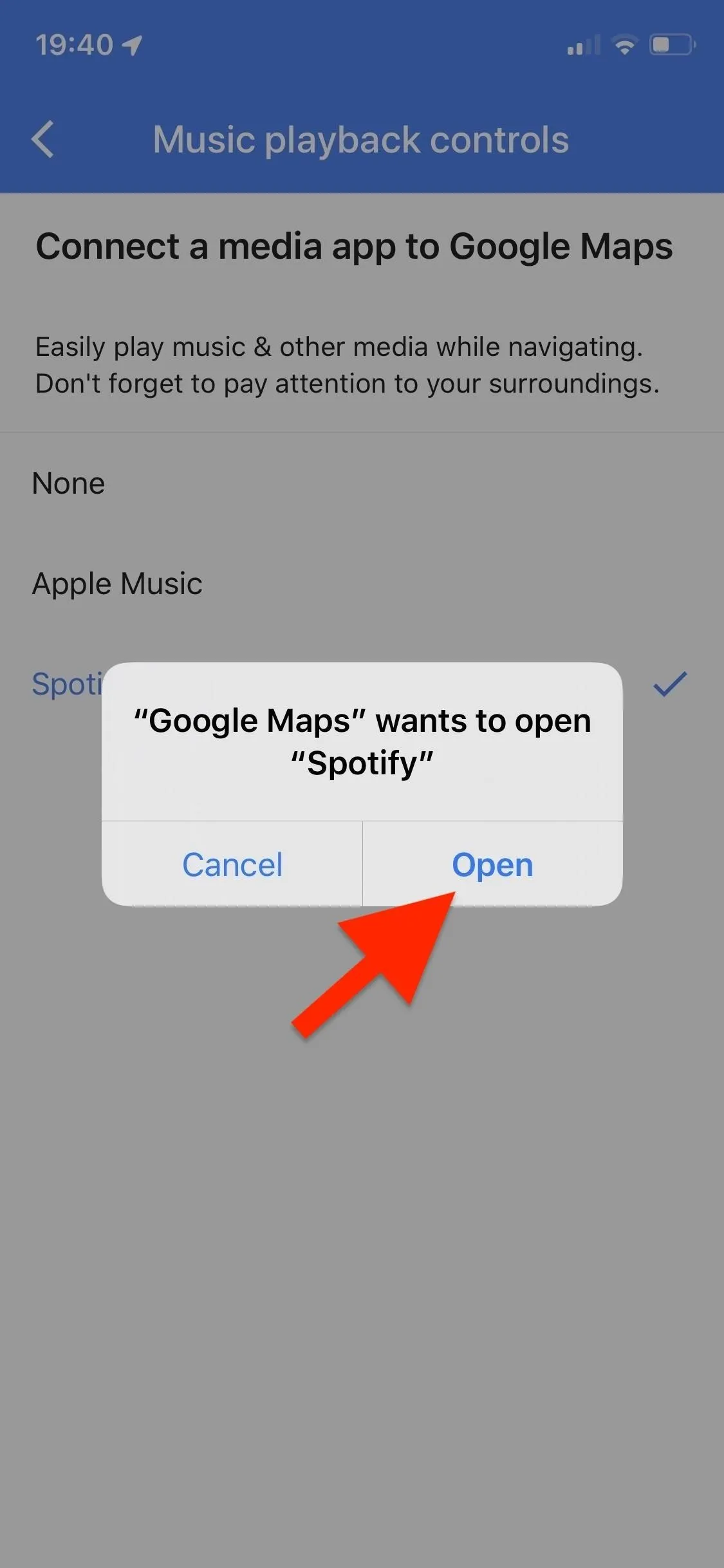 Google Maps prompt to open Spotify