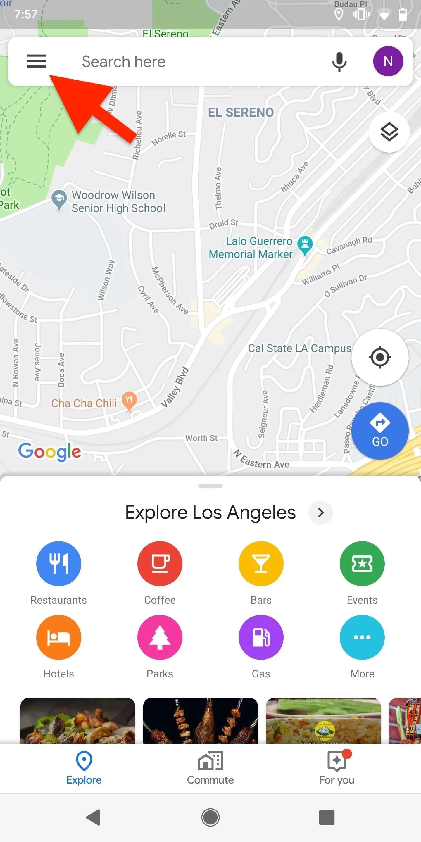 Map interface with search bar and location icons.