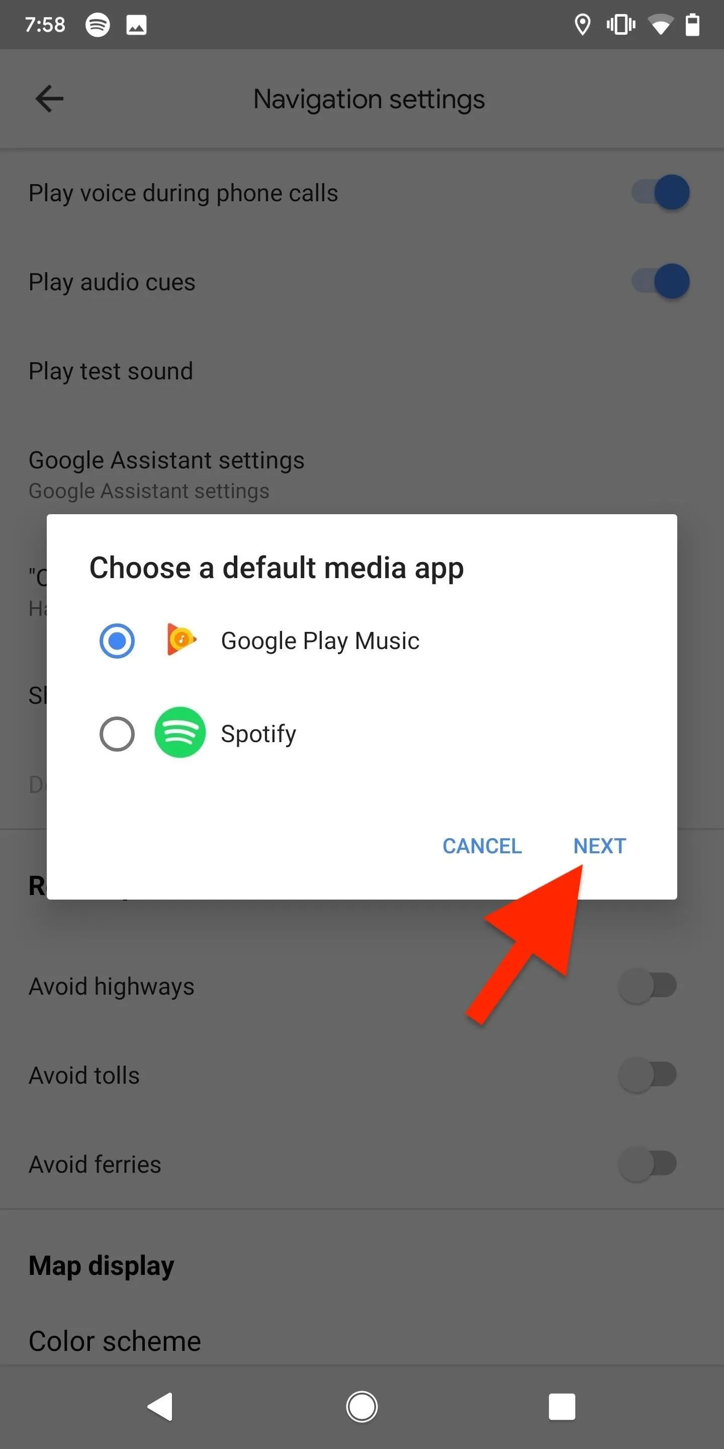 Settings menu showing options to choose a default media player app with Google Play Music and Spotify highlighted.