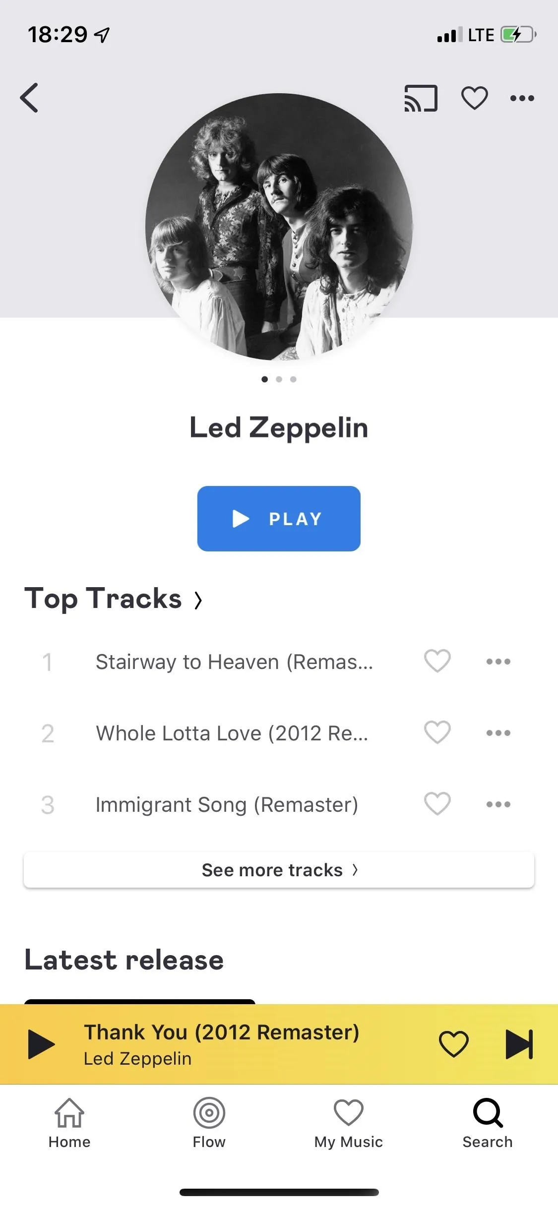 Led Zeppelin artist profile with top tracks listed.